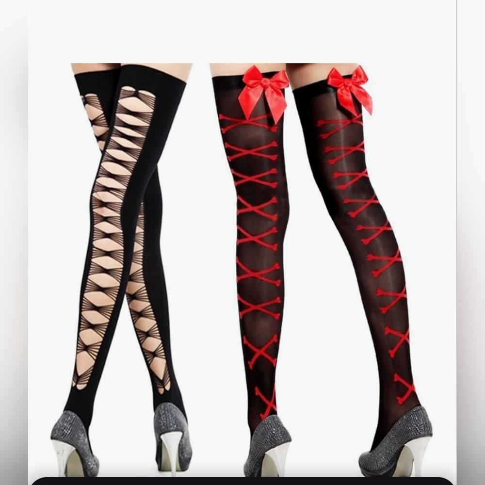 New  kilofly Black Thigh Highs Combo [Set of 2 Pair Gothic Burlesque Red Bow